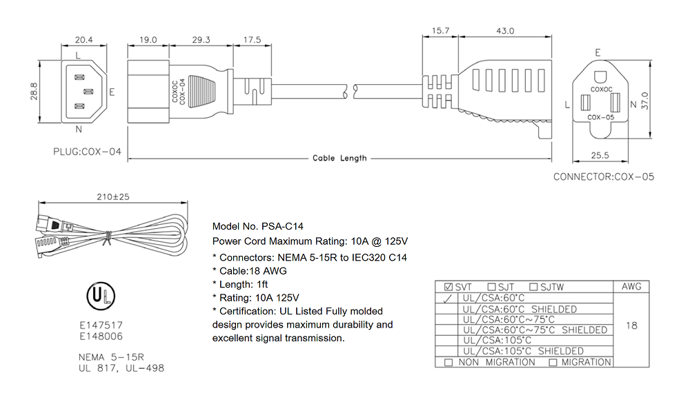 Plug Adaptor Cable NEMA 5-15R to IEC320 C14